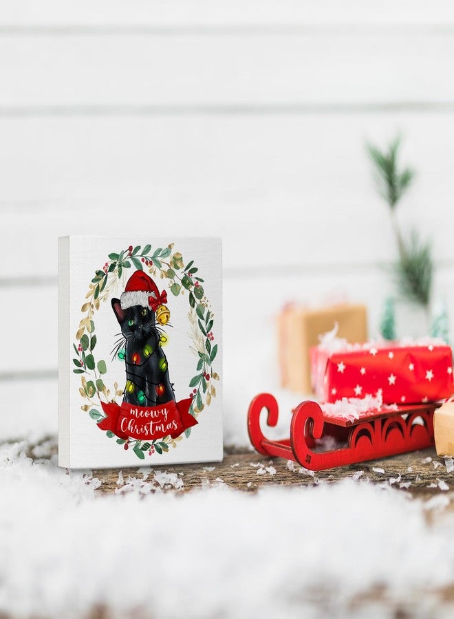 Nvotell Christmas Black Cat Signs - Merry Meowy Christmas Wooden Box Table Signs, Black Cat Christmas Gifts for Women Men Cat Lovers, Christmas Cat Decorations, 5x5 Inch - Image 4